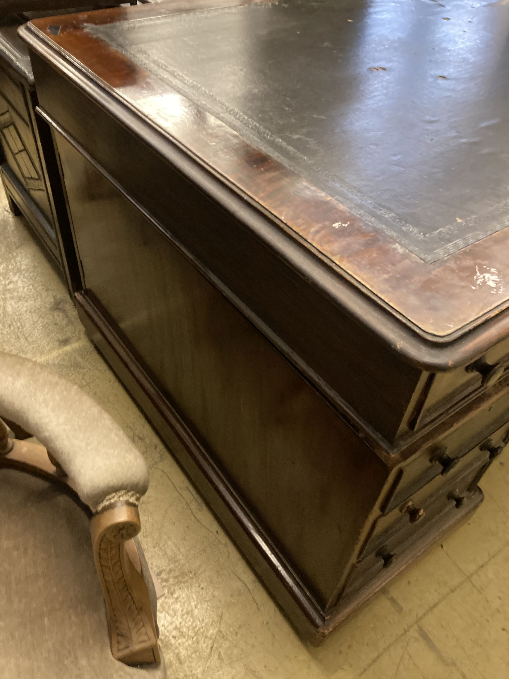 A Victorian mahogany pedestal partners desk, length 152cm, depth 94cm, height 73cm